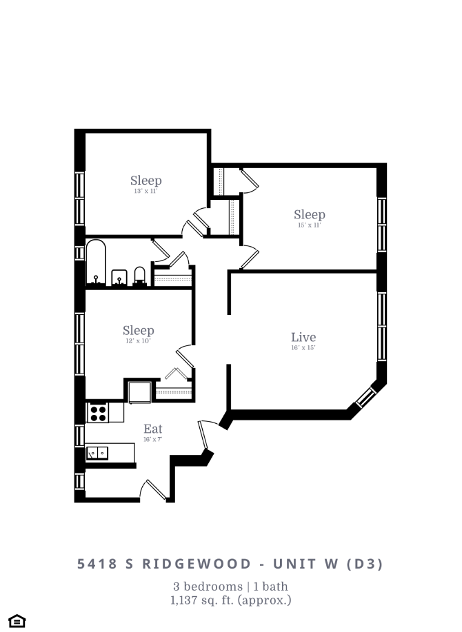 Floor plan for 3 beds, 1 bath, 1204 sqft